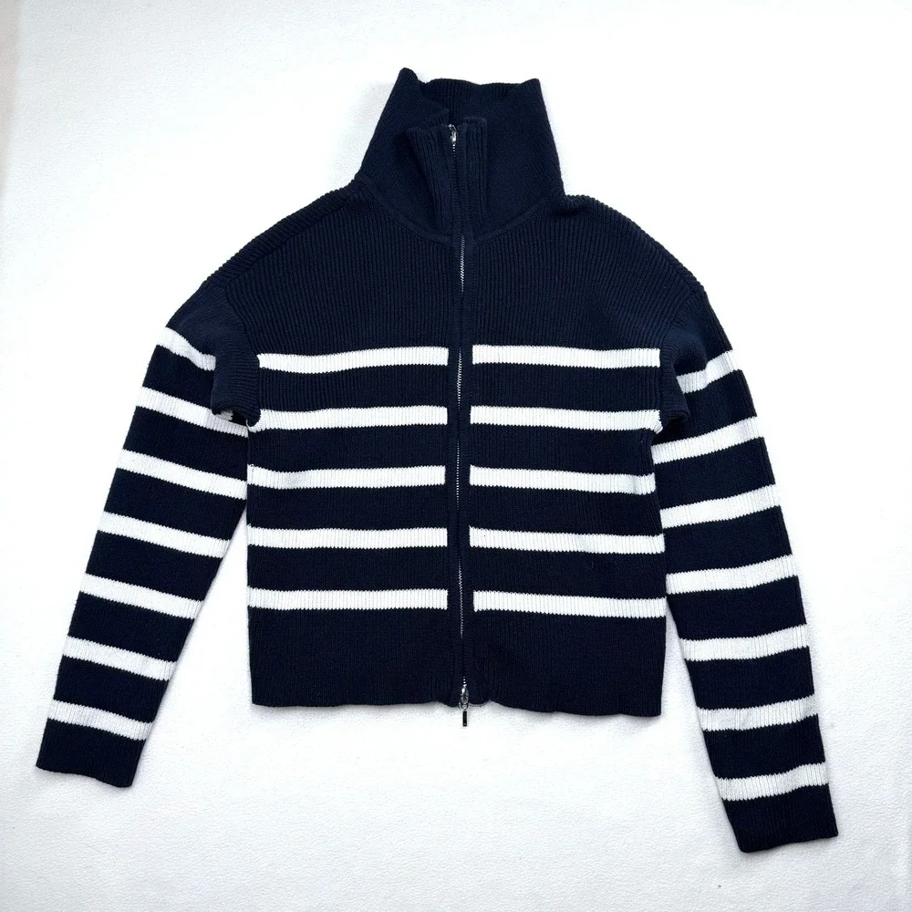 Hollister Women Navy White Striped Ribbed Full Zip Mock Neck Sweater‎ Cardigan M